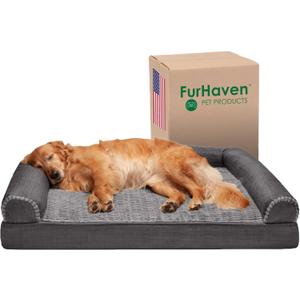 Furhaven Orthopedic Dog Bed for Large Dogs w/ Removable Bolsters & Washable Cover, For Dogs Up to 95 lbs - Luxe Faux Fur & Performance Linen Sofa - Charcoal, Jumbo/XL