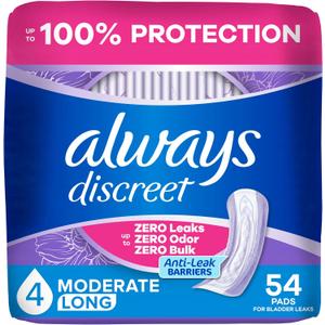 Always Discreet Adult Incontinence Pads for Women, Drier, 4 Drop Long Length, Moderate Absorbency, Pads for Bladder Control Management, Bladder Leaks, & Postpartum Pads, 54ct