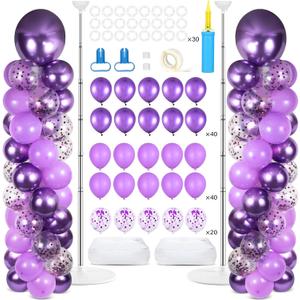 2 Sets Purple Balloon Column Stand Kit with 100 Balloons Lavender Adjustable Balloon Tower Stand with Bases for Floor Purple Confetti Balloon Column Kit for Christmas Birthday Holiday New Year