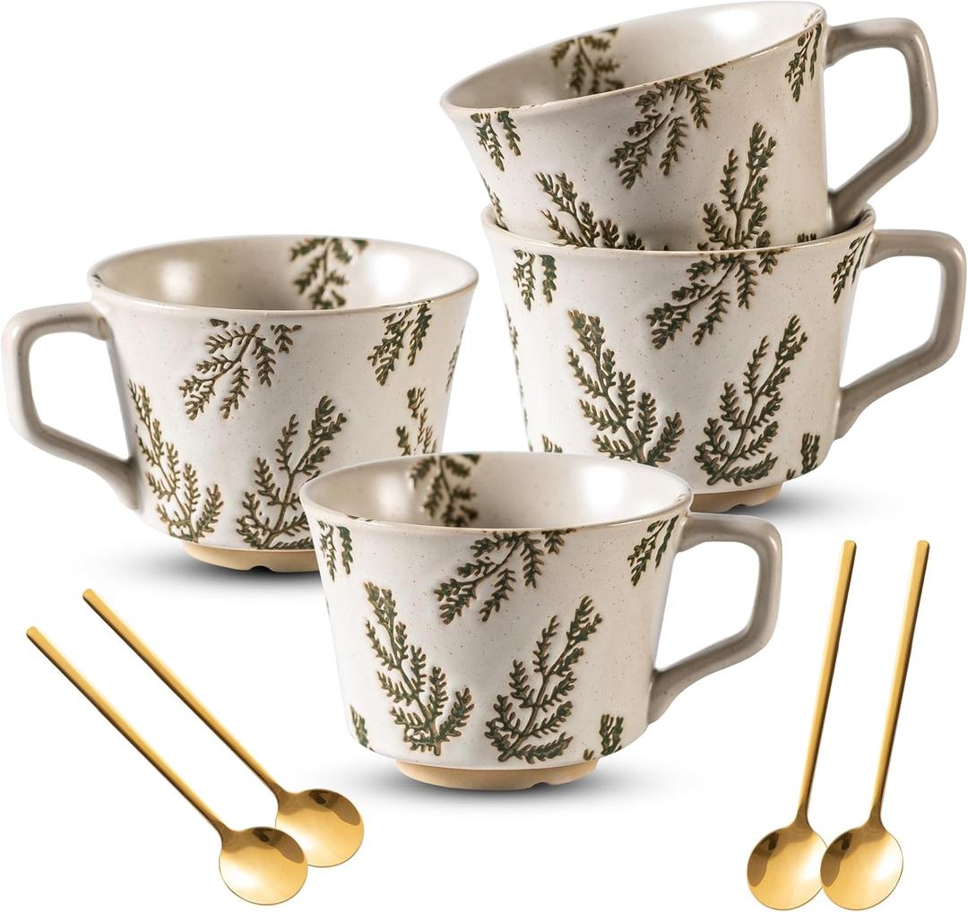 Coffee Mugs Set of 4 with Gold Spoon, 11 oz Porcelain Mug, Ceramic Tea Cups with Handle for Men Women, Hand-painted Mug, Birthday Housewarming Wedding Gift, Dishwasher Microwave Safe (Vines)