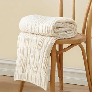 Aormenzy Cable Knit Throw Blankets 50 x 60 Inches, Soft Cozy and Lightweight Knitted Blanket, Machine Washable Acrylic Blanket, Decorative Throw Blanket for Couch Sofa Bed, Cream White