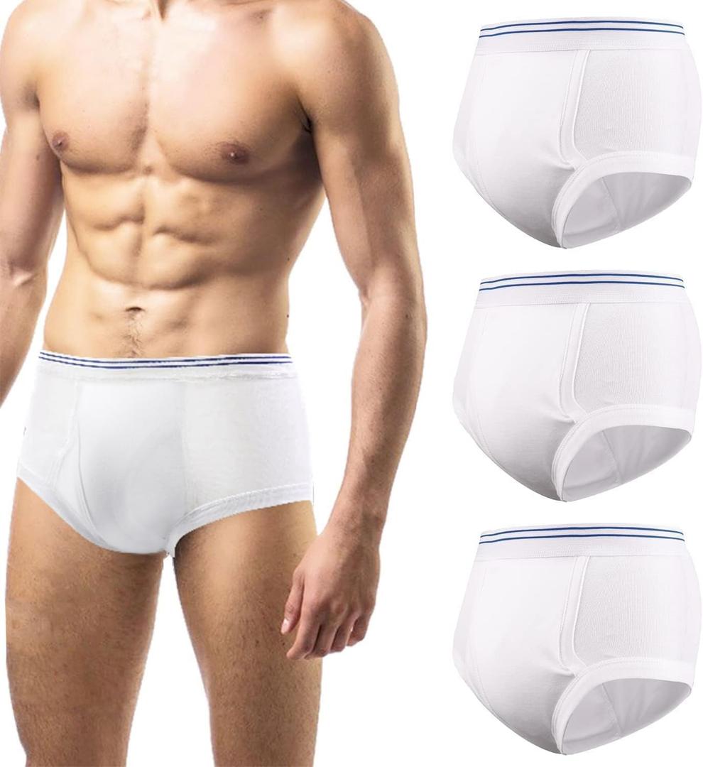 Carer Mens Incontinence Underwear Washable 3 Pack Cotton Reusable Incontinence Boxers Briefs for Men Built in Cotton Pad for Bladder Leakage 150ML, Large