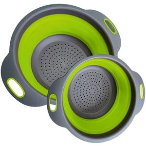 Green Kitchen Strainer Colander Set - 2 PCS Multifunctional Colander Silicone Food Strainers for Kitchen for Pasta and Spaghetti Collapsible with Plastic Handles