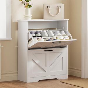 Homleke Farmhouse Shoe Cabinet for Entryway with Barn-Style Flip Drawers, Narrow Shoe Storage Organizer with Top Display Shelf, Adjustable Shelves, Shoe Rack for Hallway, Closet- (White, 24")
