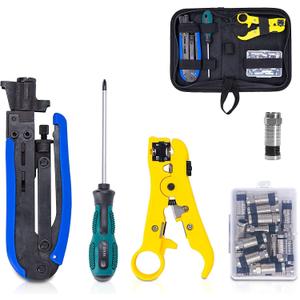 KOTTO Coax Cable Crimper Kit, Compression Tool Coax Adjustable RG6 RG59 RG11 75-5 75-7 Coaxial Cable Stripper with 20 PCS F Compression Connectors