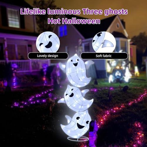 Halloween Decorations Outside Ghost Decor - HOYECHI Halloween Decorations Outdoor Lighted 3 Pack Ghost 3.5FT, Light Up Ghost With 75 Led Lights, Ground Stakes, for Front Yard Porch Gardens Lawns Party