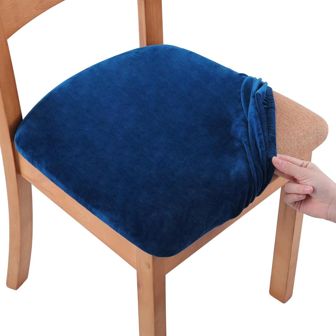 Smiry Velvet Seat Covers for Dining Room Chair Set of 8, Stretch Fit Removable Washable Chair Seat Cushion Protector Slipcovers with Ties, Federal Blue