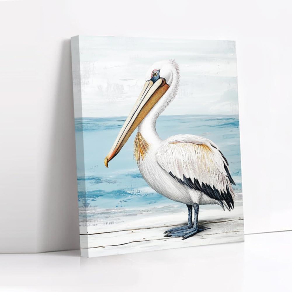 CCWORKERRY Pelican Picture Bathroom Wall Art Bathroom Coastal Pelican Canvas Prints Ocean Bird Painting Nautical Theme Lake House Decor Framed(Blue,16" x 20")