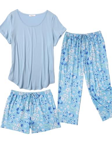 Ekouaer 2 PCS Capri Pajamas for Women Set Short Sleeve Pajama Sets Floral Pj Sets Soft Sleepwear with Pockets 2XL Ekouaer 2 PCS Capri Pajamas for Women Set Short Sleeve Pajama Sets Floral Pj Sets Soft Sleepwear with Pockets 2XL