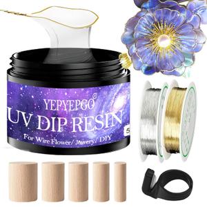 UV Resin Dip for Wire Flowers Kit, Crystal Clear UV Dip Resin with Silver Gold Wires for Wire Shapes, Fast Cured for Craft Jewelry Making Ideal DIY Gift for Beginer