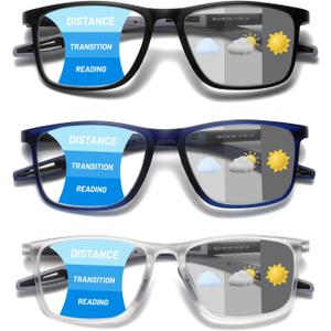 Hubeye Photochromic Progressive Reading Glasses for Men and Women Ultralight Flexible Anti-Blue Light Readers Navy blue+Clear+Black+2.0