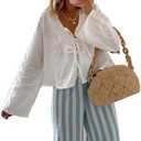 Tie Front Top Coquette Bow Linen Shirt Going Out Summe White Y2k Long Sleeve Blouse, L