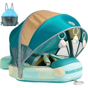 Mambobaby Float Add Tail Baby Swim Float with Canopy Solid Pool Infant Swim Trainer Swimming Training Lying Air Free Water Floats Non-Inflatable Waist Swim Ring for Toddlers (Shell - Green), Medium