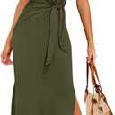 ZESICA Women's Summer Short Sleeve Bodycon Midi Dresses 2025 Casual Crewneck Knit Wrap Tie Waist T Shirt Long Dress (Army Green) XL