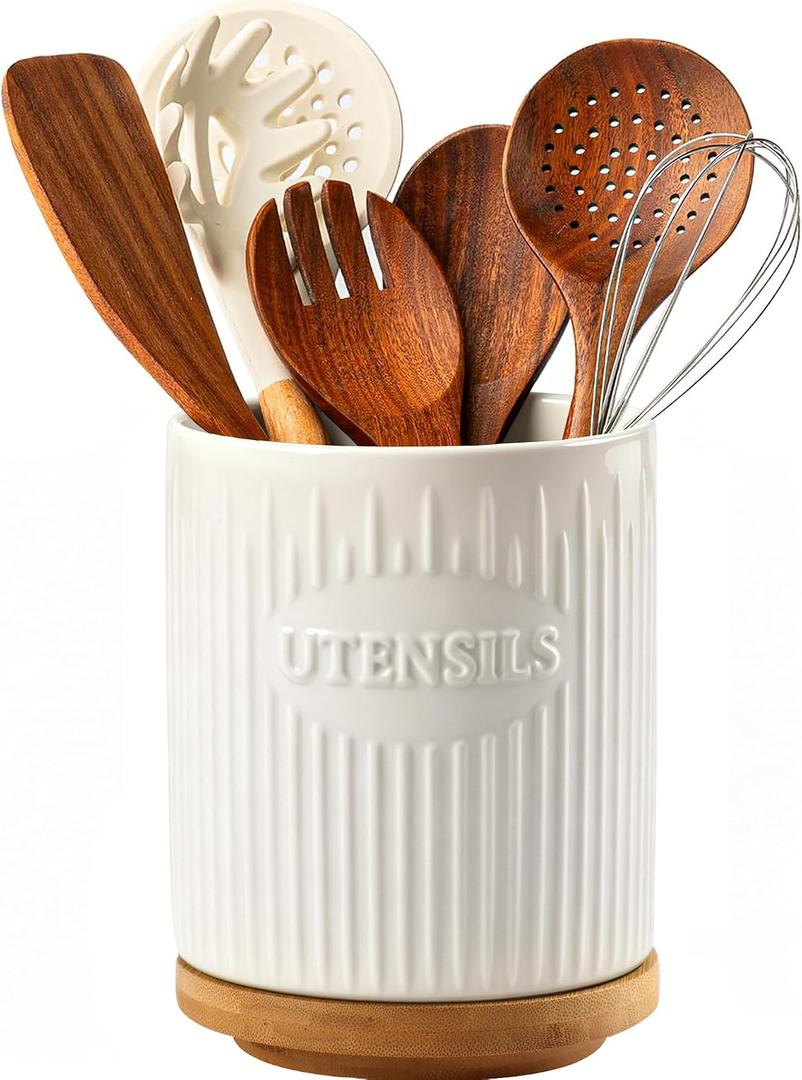 360 Rotating Utensil Holder, 7.6" Large Ceramic Kitchen Utensil Holder for Countertop with Rotatable Bamboo Base, Stable Cooking Utensil Crock, Farmhouse kitchen Decor, White