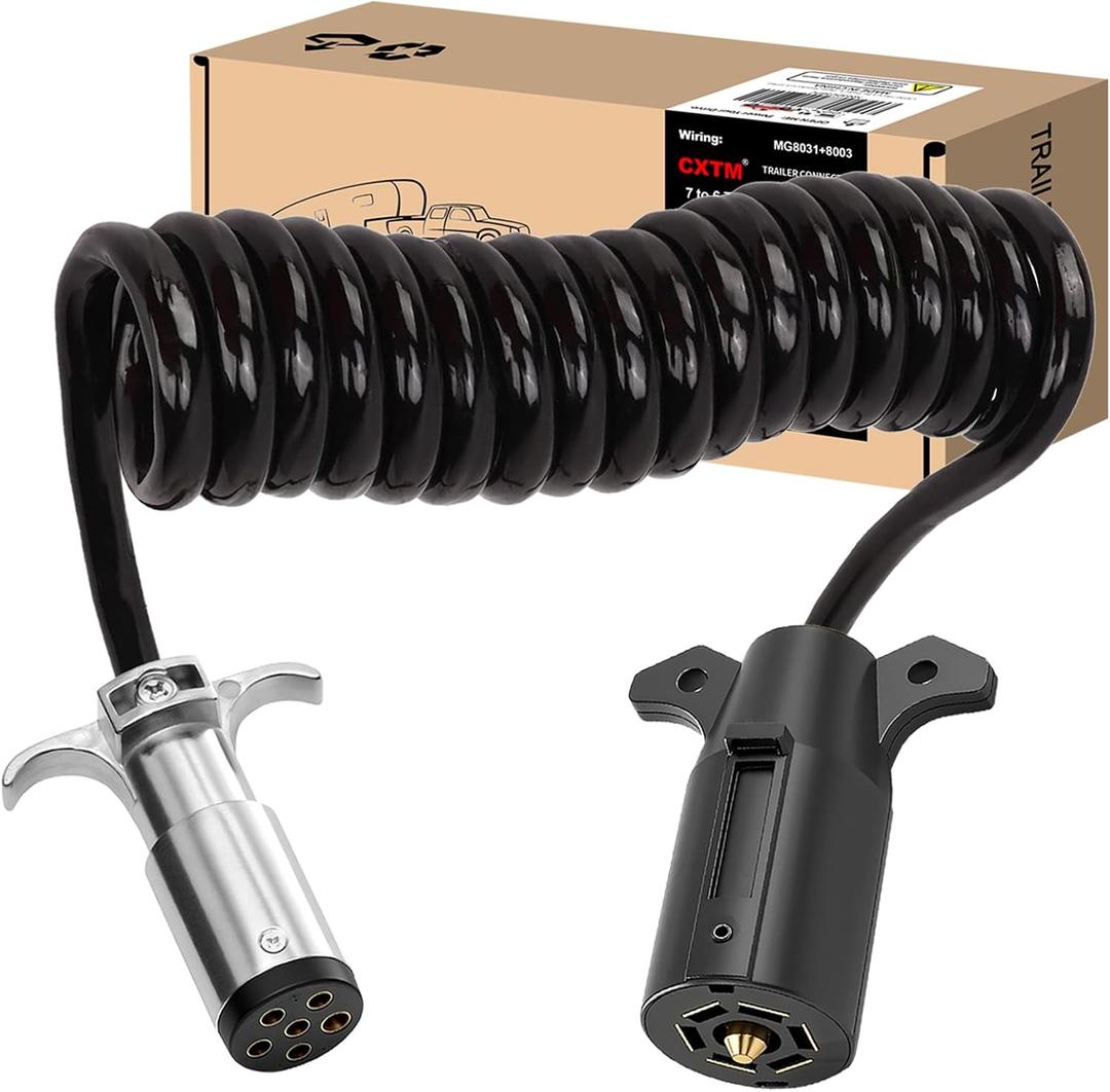 7 Pin to 6 Pin Trailer Adapter, Coiled Trailer Cord Stretches to 6 Feet,7-Wire to 6-Wire Coiled Cable RV 7 to 6 Trailer Wiring Extension Cord (Working Length About 5 feet)