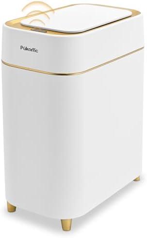 Pukomc Automatic Small Sensor Trash Can with Touchless Lid, 2.3 Gallon / 9L Smart Garbage Can, Quiet Close White Gold Waste Bin - Perfect for Kitchen, Living Room & Small Spaces