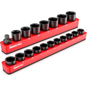 2-Piece 1/2"-Drive Metric Magnetic Socket Organizer Set (Holds 19 Sockets) - Detachable Tool Tray with 5mm Magnetic Base, Screw-Fixed Design & Heavy-Duty Modular Storage for Garage/Home Workshop