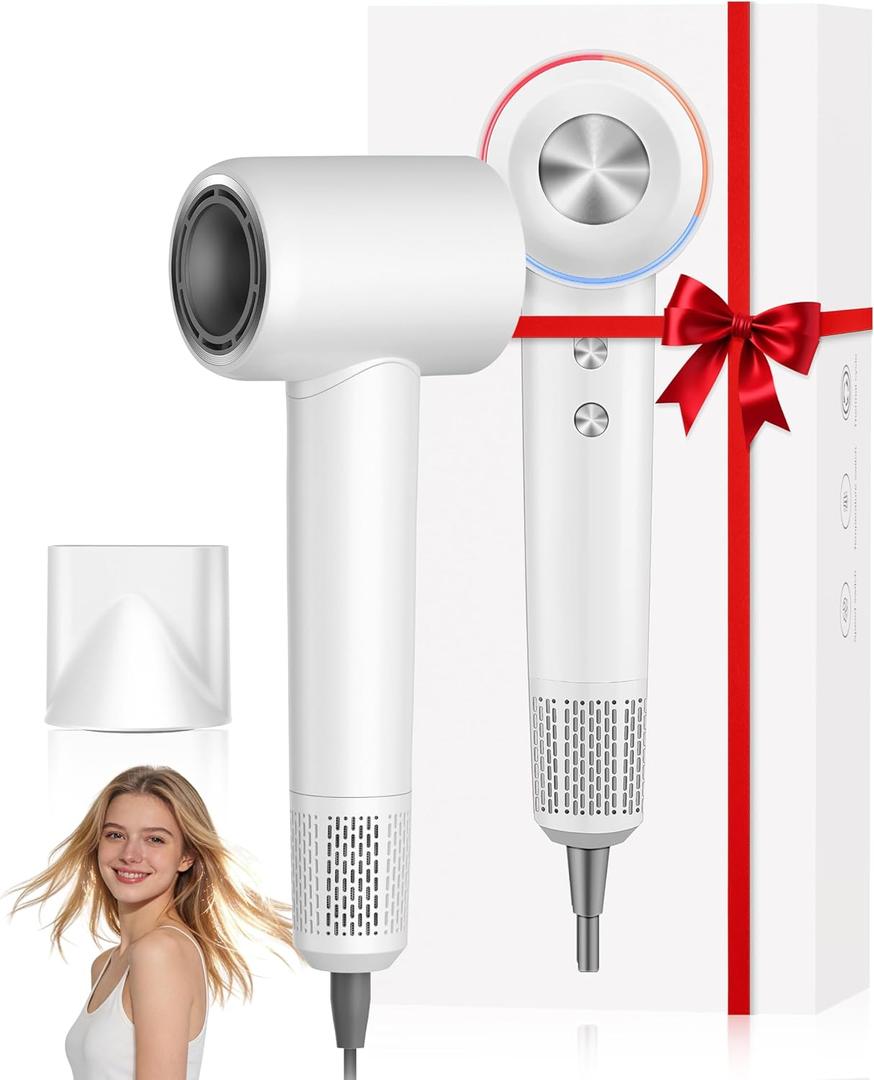 Ionic Hair Dryer, 150,000 RPM High-Speed Professional Blow Dryer for Fast Drying, 500M Negative Ions & Thermo-Control, Magnetic Nozzle, Low Noise & Lightweight for Home and Travel, White