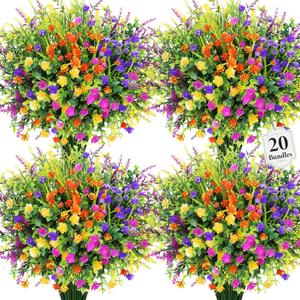 20 Bundles Artificial Flowers for Outdoors Fake Plastic Flowers UV Resistant Realistic Faux Plants Shrubs for Spring Summer Garden Porch Yard Patio Planter Window Box Home Decor, Mixedcolor