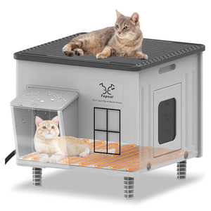 Tepoal Plastic Heated Cat House for Outside Winter, Weatherproof Outside Cats Shelter with Safety Escape Doors and Heating Pads, Elevated Feral Cat House for Wild and Stray Cats 17.7"x17"x17.5" (Grey)