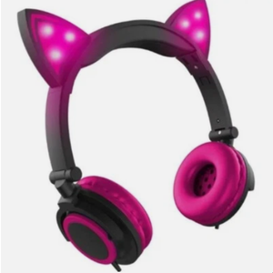 Hype Wired Pink LED Cat Ear Headphones with Mic, 3.5mm Jack Plug Fold & Swivel.