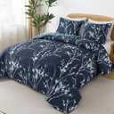 Queen Quilt Bedding Set, 3 Pieces Navy Floral Bedspread | Reversible Lightweight Flower Quilted Coverlet (96x90 Inch) with 2 Pillowcases for All Seasons