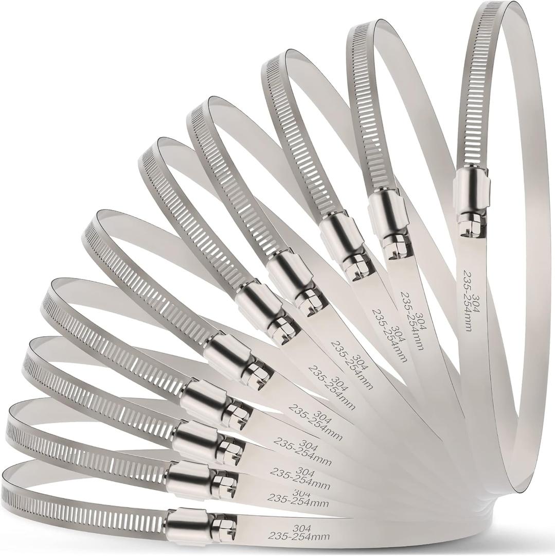 OURU Large Hose Clamps, 10 Pack 10 Inch Stainless Steel Hose Clamps Adjustable from 9-1/4"-10"/235-254mm, Metal Worm Gear Duct Clamp for Radiator, Dryer Vent Hose, Fuel Line, Automotive