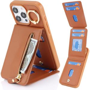 2 x for iPhone 15 pro Case with Card Holder for Women, for iPhone 15 pro Phone Case Wallet with Strap Credit Card with Kickstand Zipper Case - Brown