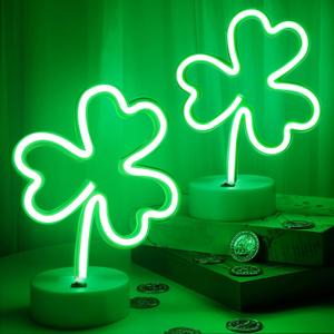 2 Pack St Patrick's Day Decorations Neon Signs with Holder Base, USB or Battery Operated Neon Light Green Lucky Clover Lights, LED Table Decoration for Bedroom Indoor Wedding Kids Room Birthday Party