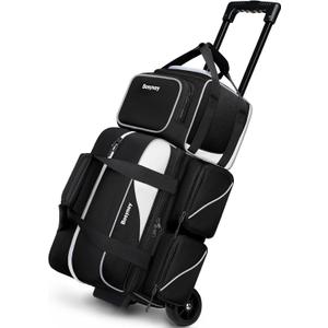 Bosynoy 3 Ball Bowling Bags with Wheels, Single Ball Tote+2 Ball Bowling Bag with Shoe Compartment (Up to US Men Size 16), Bowling Ball Bag 3 Ball Roller with Insulated Pockets, Black