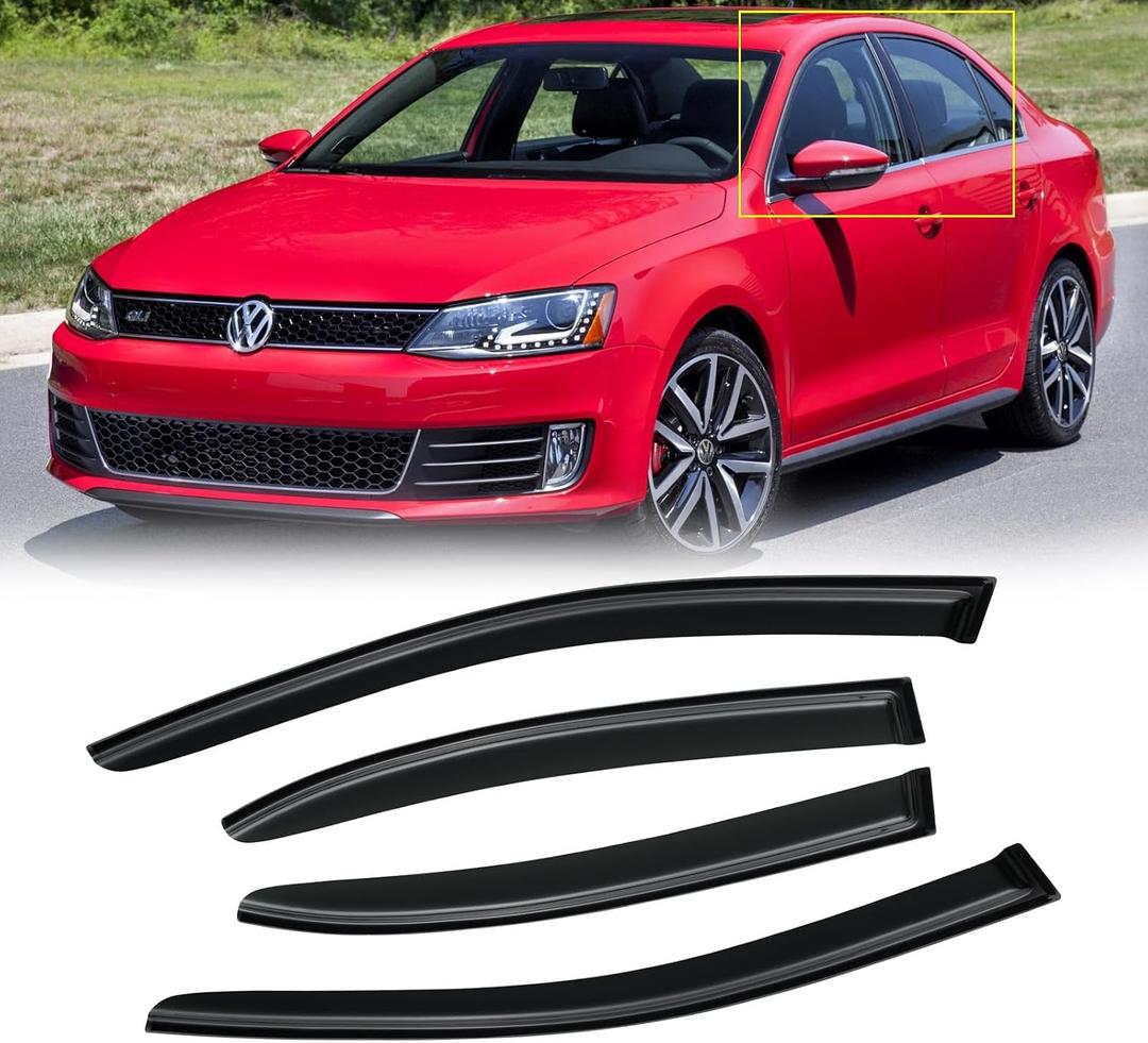 Window Visors for Volkswagen (VW) Jetta 2011-2018, Rain Guards Shields Vent Deflector Shade Wind Dark Smoke 2012 2013 2014 2015 2016 2017 12 13 14 15 16 17 18, Tape-On,4 PCS