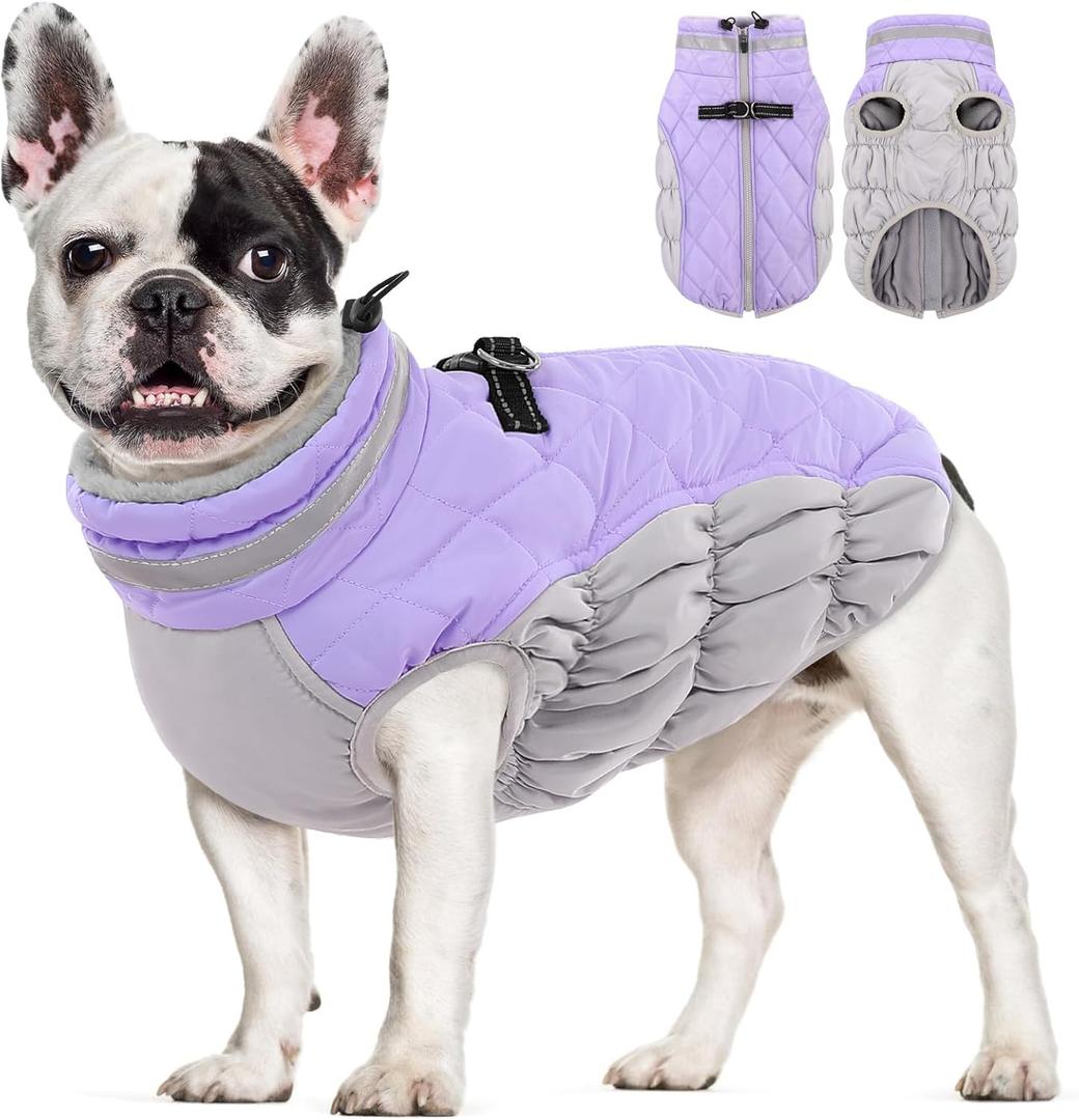 AOFITEE Dog Coat, Warm Dog Jackets for Small Dogs, Dogs Winter Coat with Harness Built in, Reflective Pet Winter Jacket, Waterproof Windproof Puppy Puffer Jacket Fleece Vest, Lilac XS