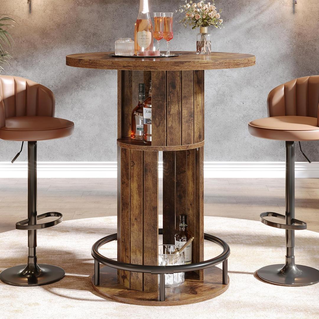 HSH Round Bar Table, 37.4"H Bar Height Bistro Pub Table With 2-Tier Storage, 23.62 Inch