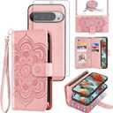 Asuwish Phone Case for Google Pixel 9 Pro XL Zipper Wallet Detachable Cell Cover with Tempered Glass Screen Protector Crossbody Strap Mandala Flower Card Holder Pixel9 9Pro 9ProXL Nine Women Rose Gold