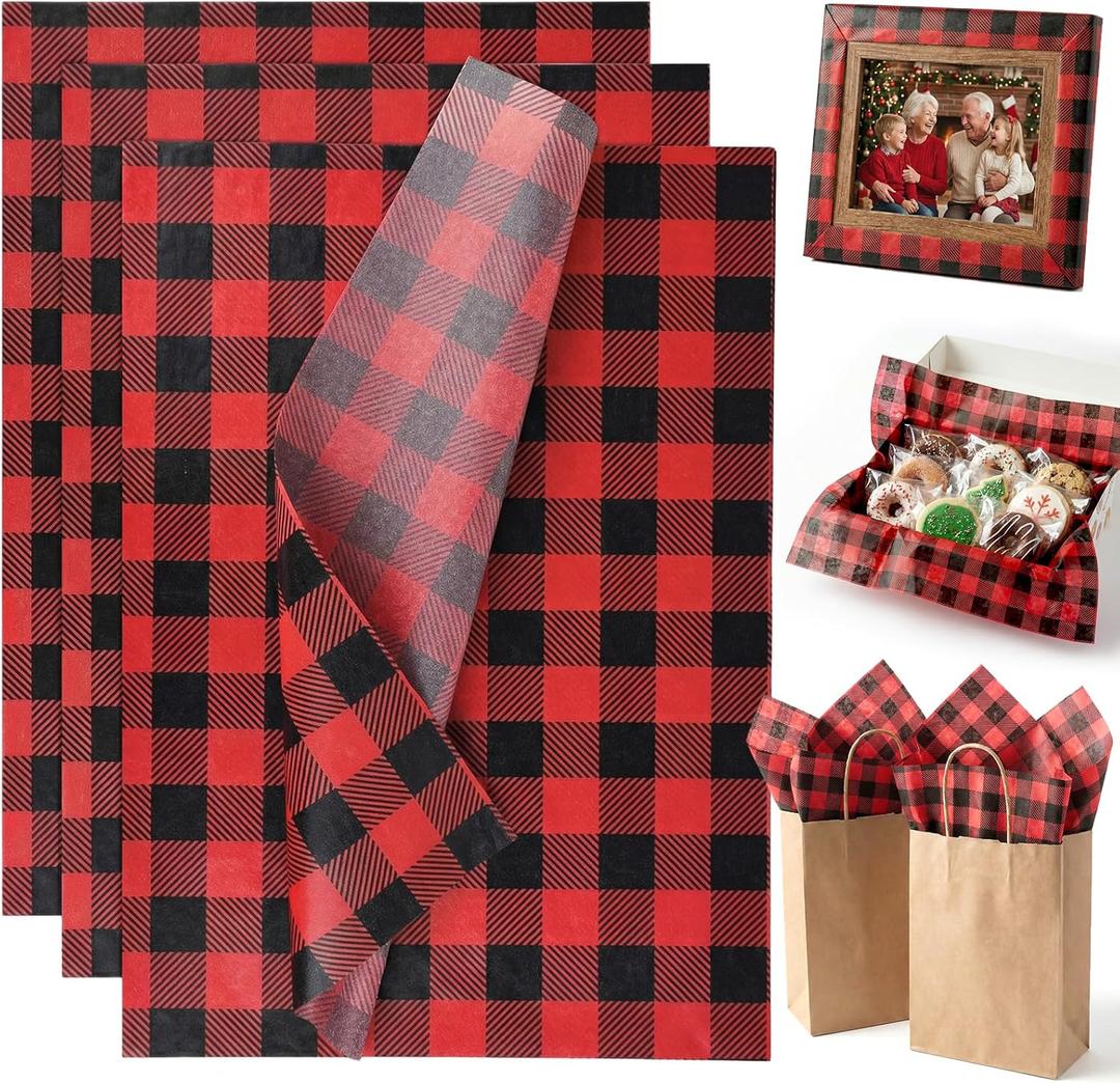 VGOODALL 100 Sheets Gift Wrapping Tissue Paper, 14 x 10 Inch Red Black Checkered Tissue Paper Bulk for Christmas DIY Crafts Art Birthday Wedding Party Decorations