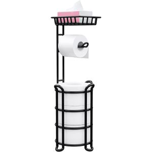 Toilet Paper Holder Stand with Shelf, Free Standing Tissue Roll Storage Rack with Dispenser for Bathroom, Black (23.6'')
