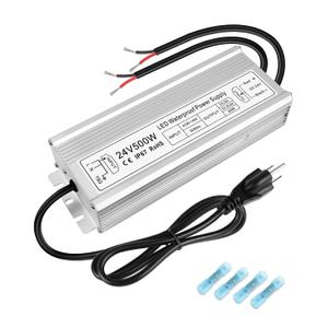 24V 500W LED Power Supply, IP67 Waterproof LED Driver, Low Voltage Transformer, AC 90-140V to DC 24V 20.8A Converter with 3-Prong Plug 3.3 Ft Cable for Outdoor LED Light, Landscape Light, Industrial