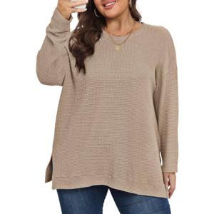 KARALIN Womens Plus Size Tops Fall CrewNeck Waffle Knit Long Sleeve Shirts Side Slits Oversized Sweater Pullover (4X-Large, Khaki)
