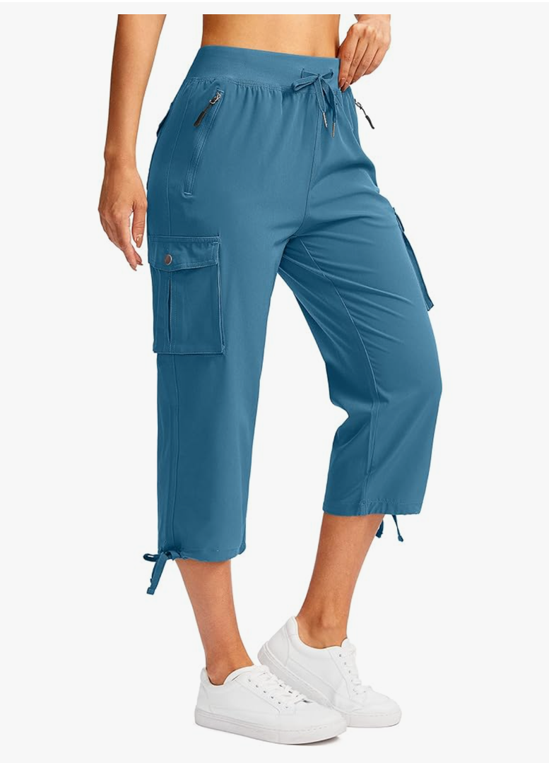 Soothfeel Women's Cargo Capris Pants with 6 Pockets Lightweight Quick Dry Travel Hiking Summer Pants for Women Casual, Blue, L