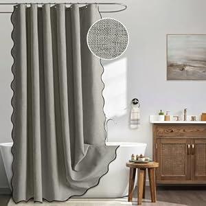 MIULEE 84" Long Scalloped Shower Curtain Linen Textured with 12 Metal Hooks Cute Extra Long Heavy Duty Washable Waterproof Cloth Shower Curtains with Black Border for Bathroom Hotel Bathtub, Grey