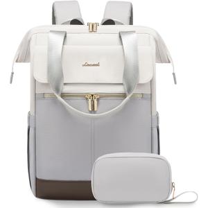 LOVEVOOK Laptop Backpack for Women, 15.6 Inch Work Laptop Bag with USB Port, Fashion Teacher Nurse Backpack Purse, Waterproof Travel Computer Backpack with Organizer Bag, 2PCS, Beige-Light Grey