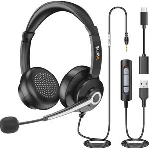 Wantek USB & 3.5mm Headset with Mic for PC/Laptop,Wired Headset with Noise-Cancelling Microphone & Audio Controls Perfect for Home Office Online Class Skype Zoom Call Center Webinar,All Day Comfort