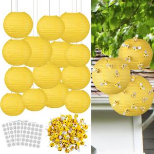 Mindsoft 140 Pcs Bee Paper Lanterns Party Decorations 6" 8" 10" Yellow Paper Lanterns with Plush 3D Bees Honeybee Hanging Decor for Birthday Party Supplies Baby Shower Holiday Indoor Outdoor DIY Craft