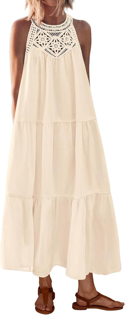 BTFBM Halter Summer Dresses for Women 2026 Casual Spring Hollow Out Sleeveless Boho Sundresses Beach Vacation Maxi Dress L