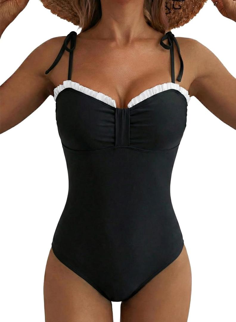 Herseas Womens Striped One Piece Swimsuits Tie Shoulder High Cut Tummy Control Bathing Suit 2026 Summer Beach Swimwear (XX-Large, Black)