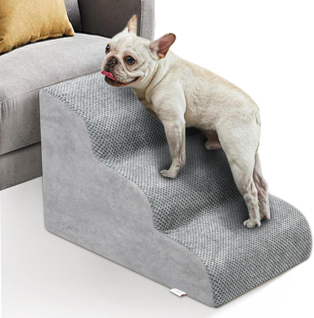 Dog Stairs for Small Dogs - High Density Foam Dog Ramp, Extra Wide Pet Steps with Non-Slip Bottom for High Beds, Couch and Sofa, Best for Dogs Injured, Older Doggy Cats (Grey, 3 Steps)