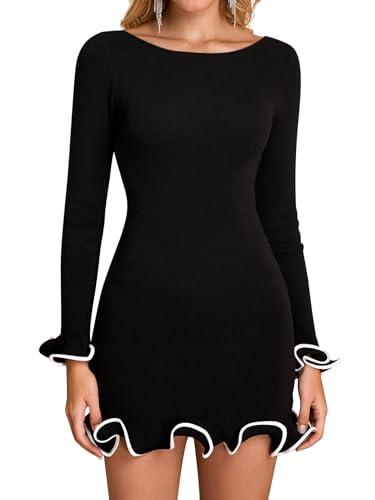 URYIAO Women's Long Sleeve Ruffle Knit Mini Dress Boat Neck Bodycon Short Going Out Party Sweater Dresses Fall, Black, Size: XL