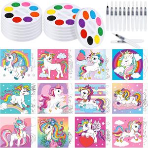 Lincia 12 Set Unicorn Pre Printed Canvas Pre Drawn Canvas Painting Kit with Pen and Paints Outline Painting Panels Gift for Beginners, DIY Craft Project, Christmas Birthday Party Favor, Home Decors
