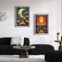 2Pcs Celestial Canvas Wall Art Vintage Tarot Mystical Moody Sun and Moon Floral Painting Picture Wall Decor Posters Print Artwork for Living Room Bedroom Home Decoration Unframed (24L" x 16W")